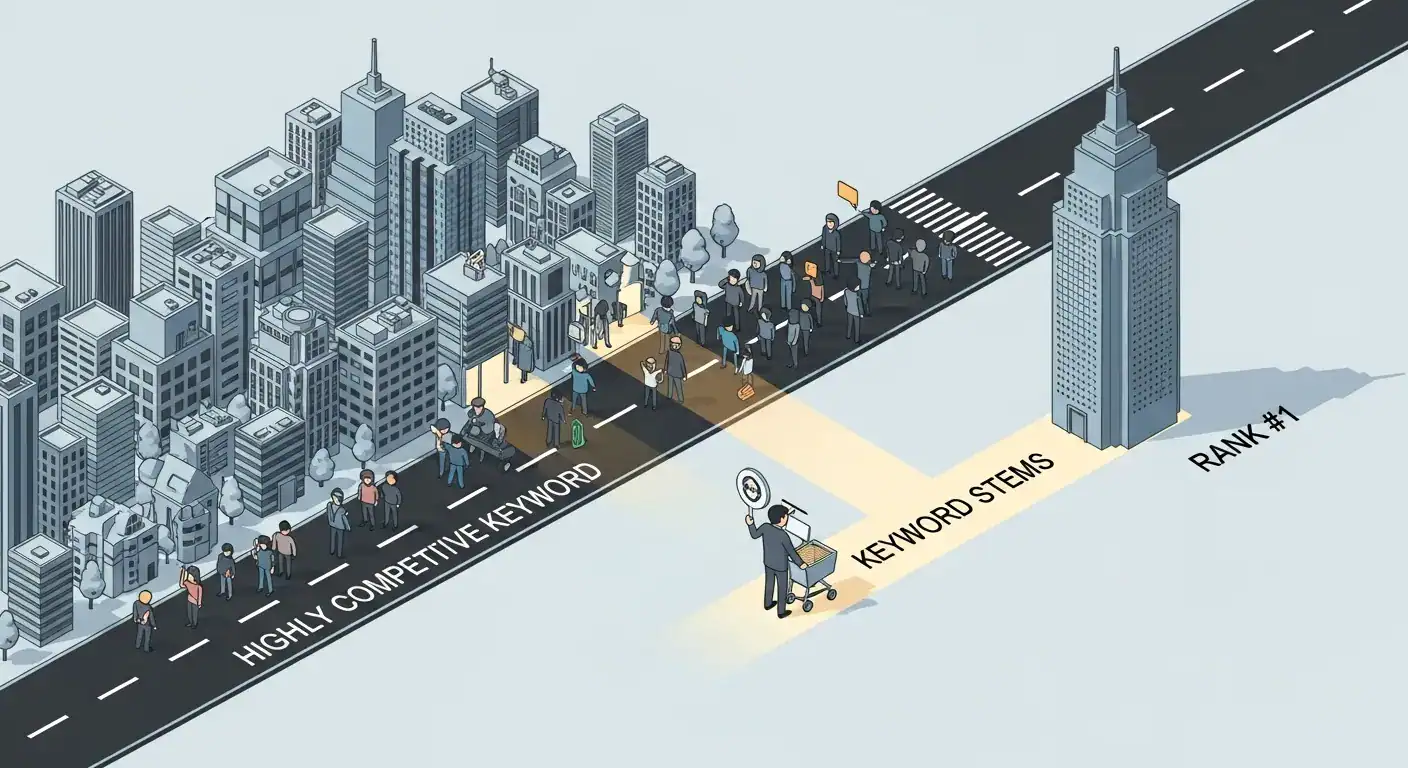 SEO: Keyword stems vs competitive keywords. Less crowded path to ranking #1.